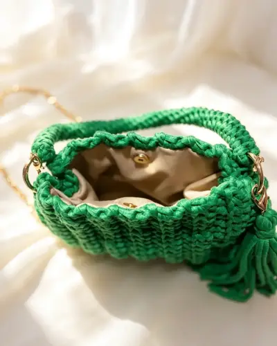 Bolso tejido verde con asa de cadena - miniatura 3