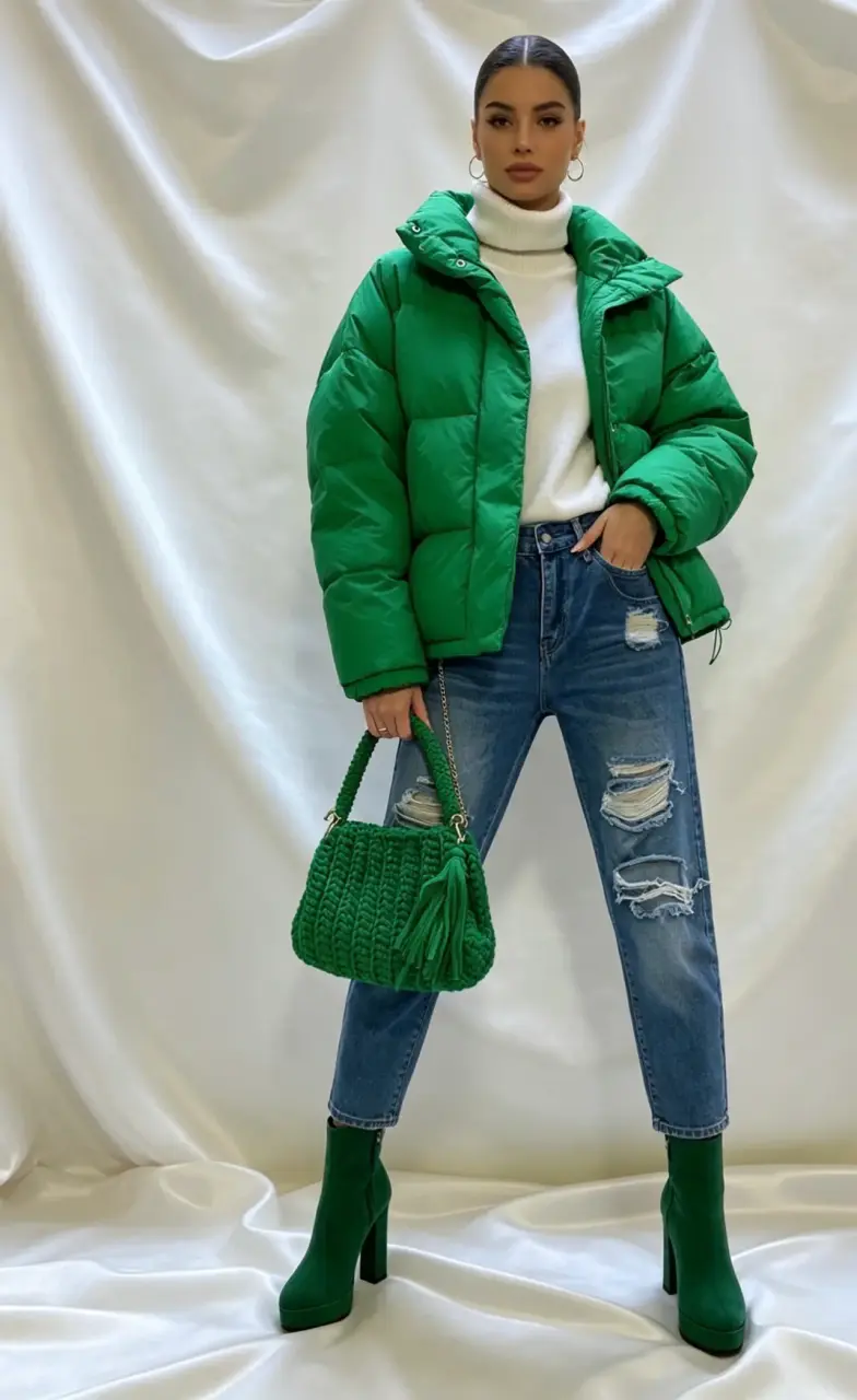 Bolso tejido verde con asa de cadena - 4