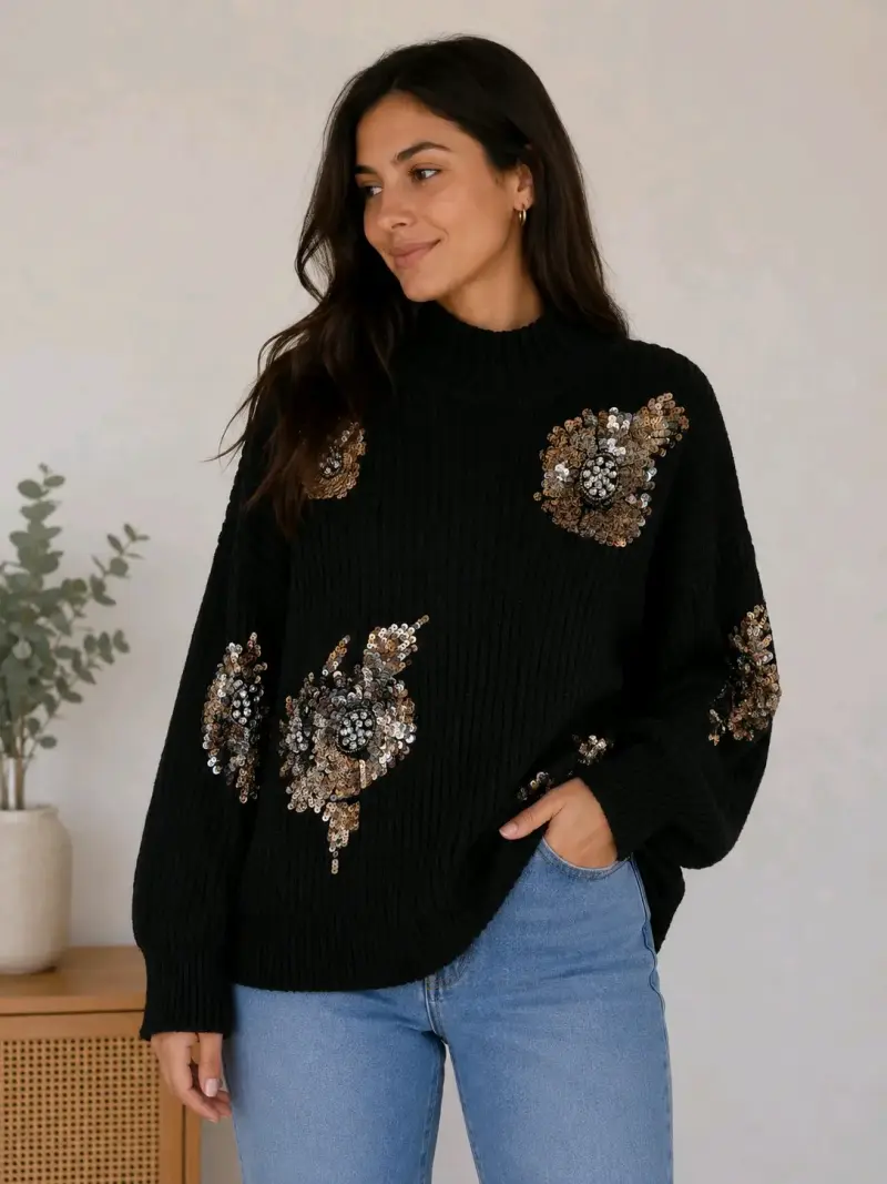 Suéter negro con lentejuelas Marquis talla L - 2