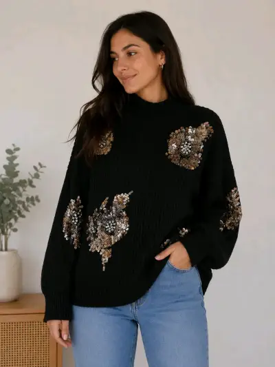Suéter negro con lentejuelas Marquis talla L - miniatura 2