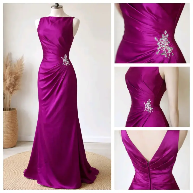 Elegante vestido de noche fucsia con detalle de pedrería