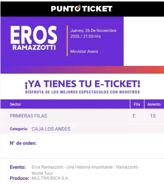 Entrada Eros Ramazzotti Movistar Arena Nov-2026