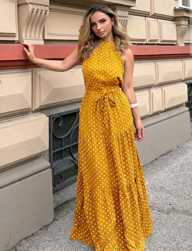 Vestido largo amarillo con lunares solo un uso - 1