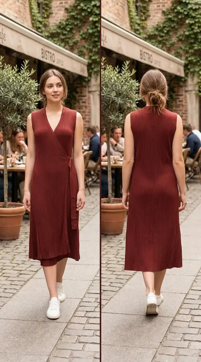 Vestido midi cruzado color burdeos para mujer - 1