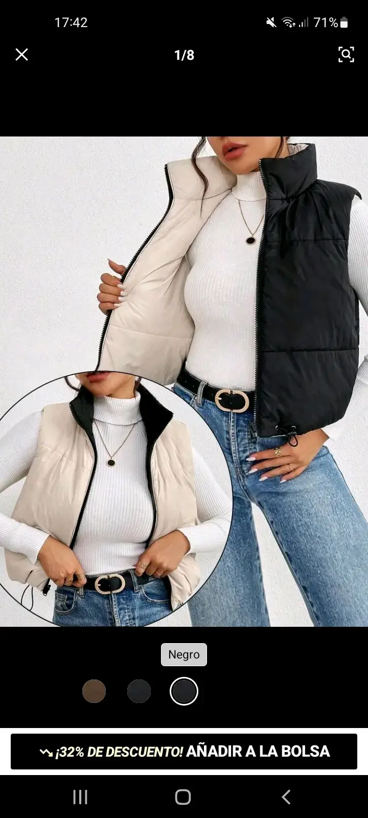 Chaleco reversible negro y beige para mujer