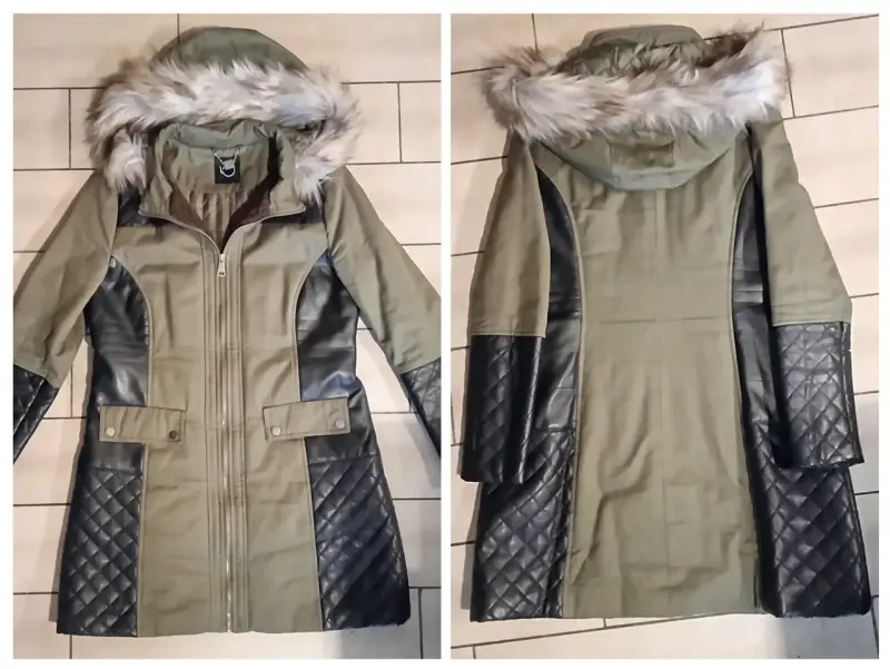 Abrigo de invierno con capucha y detalles de cuero