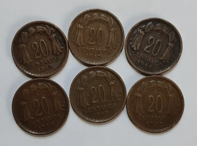 Monedas de 20 Centavos cobre 1942 - 1953 - 2