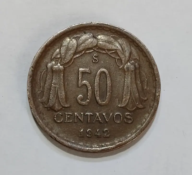 Moneda antigua de 50 centavos de 1942 Chile Cobre - 1