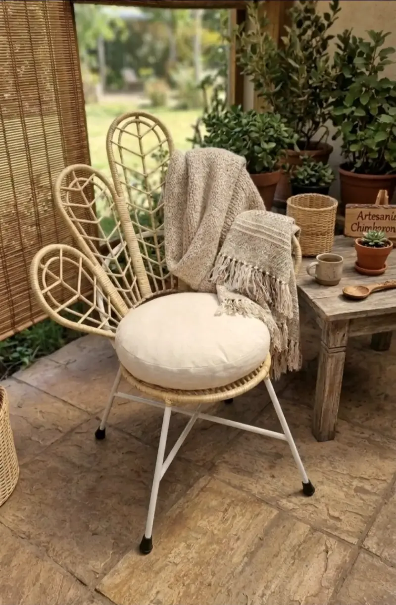 Sitial de mimbre artesanal con cojín beige