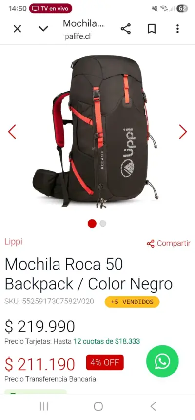 Mochila de trekking Lippi Roca 50L negra - miniatura 2