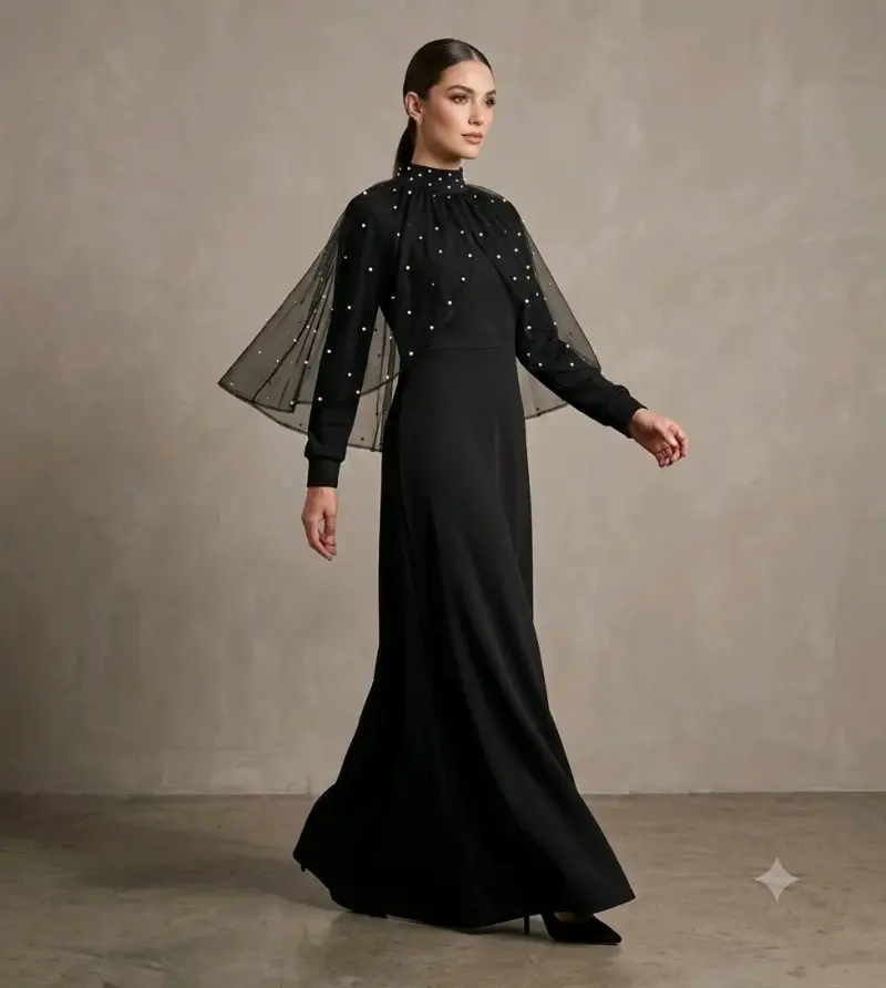Vestido largo negro elegante con capa de tul - 2