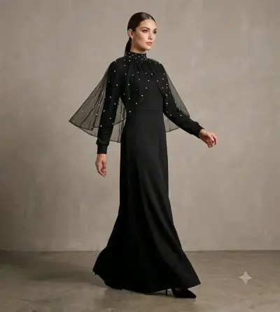 Vestido largo negro elegante con capa de tul - miniatura 2
