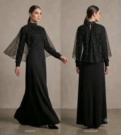 Vestido largo negro elegante con capa de tul - miniatura 3