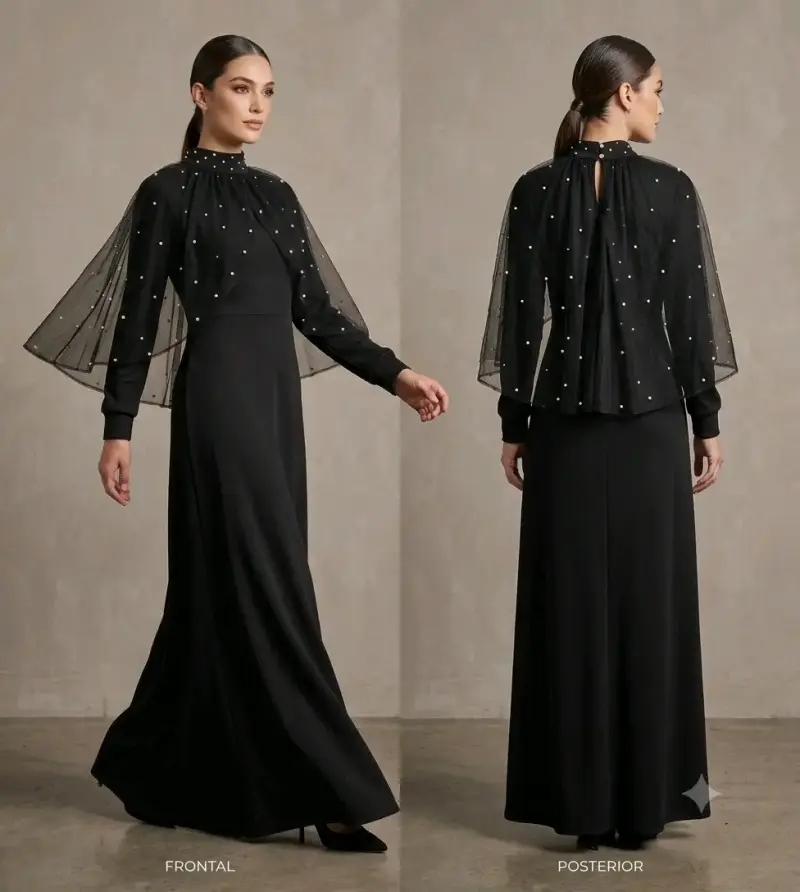 Vestido largo negro elegante con capa de tul - 4