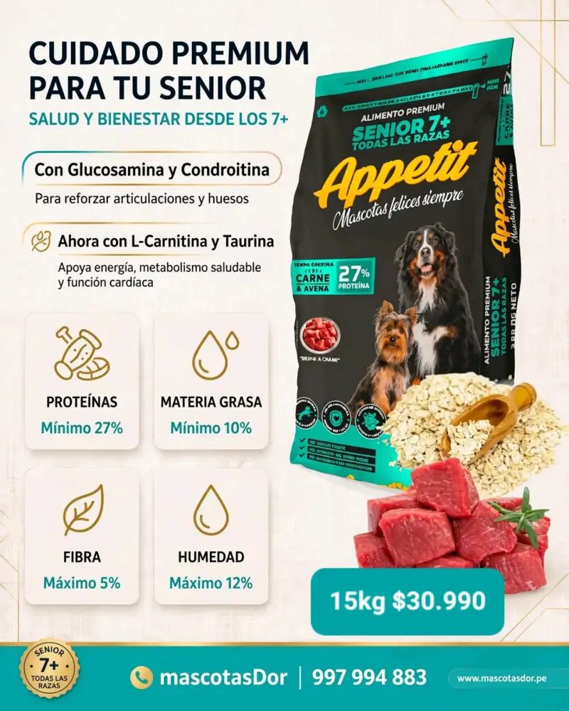 Alimento Premium para Perros Senior 7+ Appetit 15kg