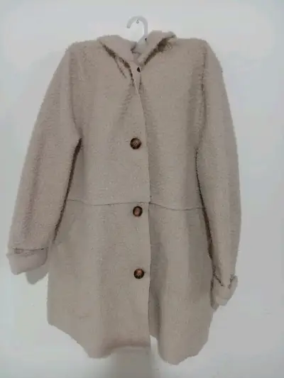 Abrigo de lana beige con capucha y botones - miniatura 1