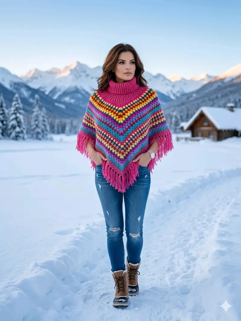 Poncho de lana multicolor con flecos