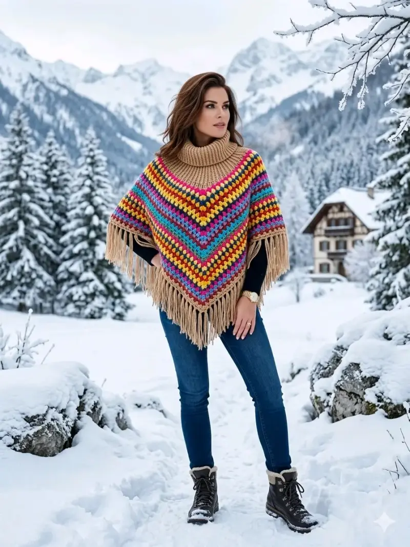 Poncho de lana multicolor con flecos