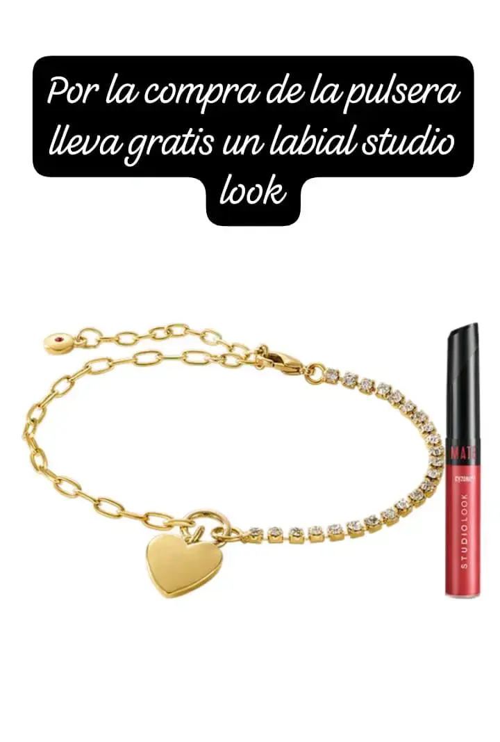 Pulsera dorada con dije de corazón y labial gratis