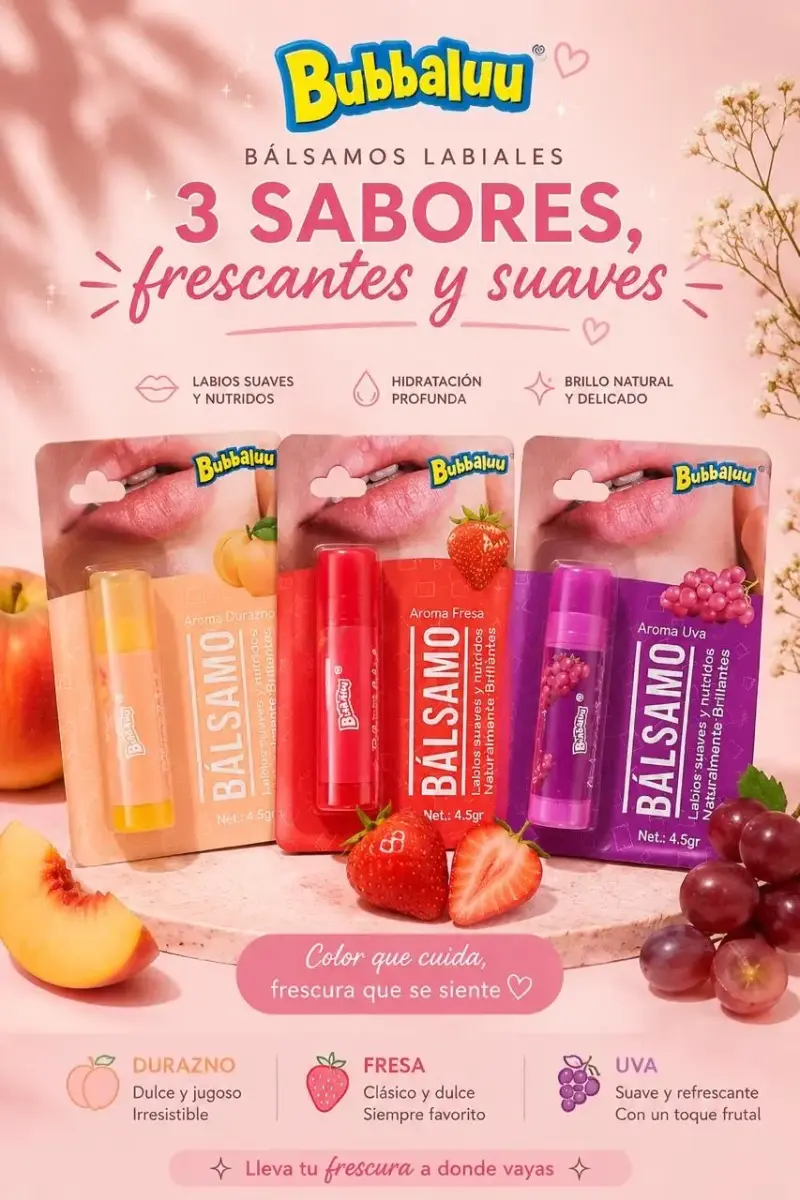 Bálsamos labiales Bubbaluu 3 sabores frutales