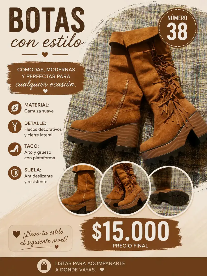 Botas de gamuza con flecos y plataforma, talla 38