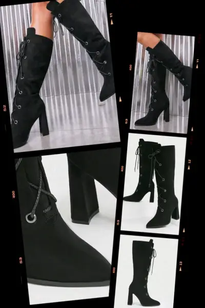 Botas negras de tacón alto con cordones - miniatura 1