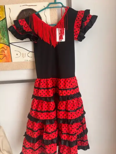 Vestido flamenco rojo con lunares y flecos - miniatura 1