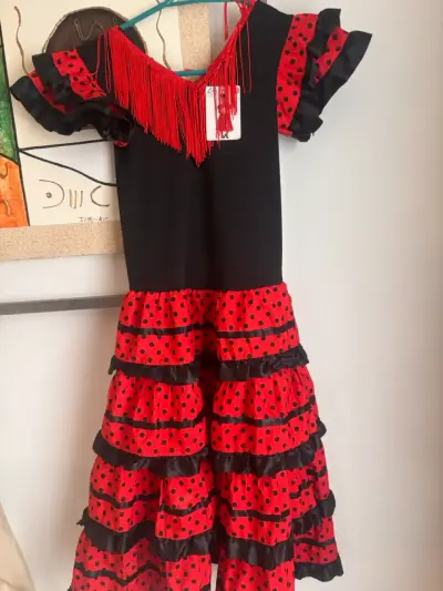 Vestido flamenco rojo con lunares y flecos - miniatura 2