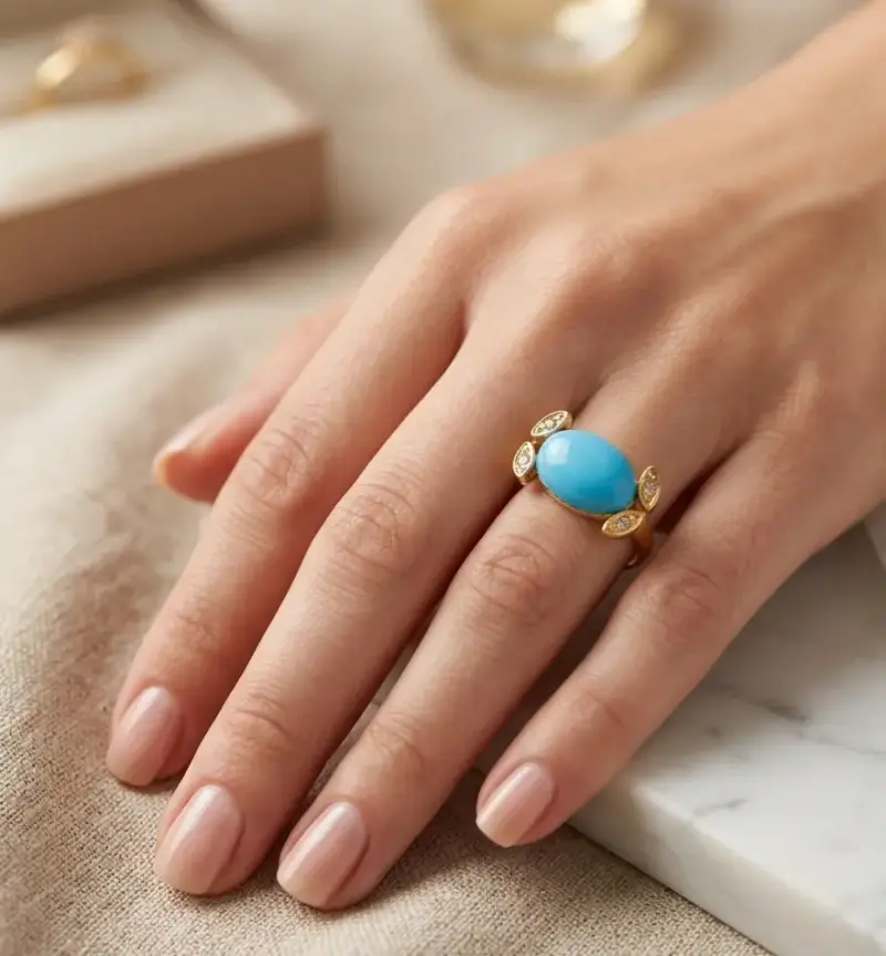 Anillo Imperial de Turquesa Natural y Brillantina - 2
