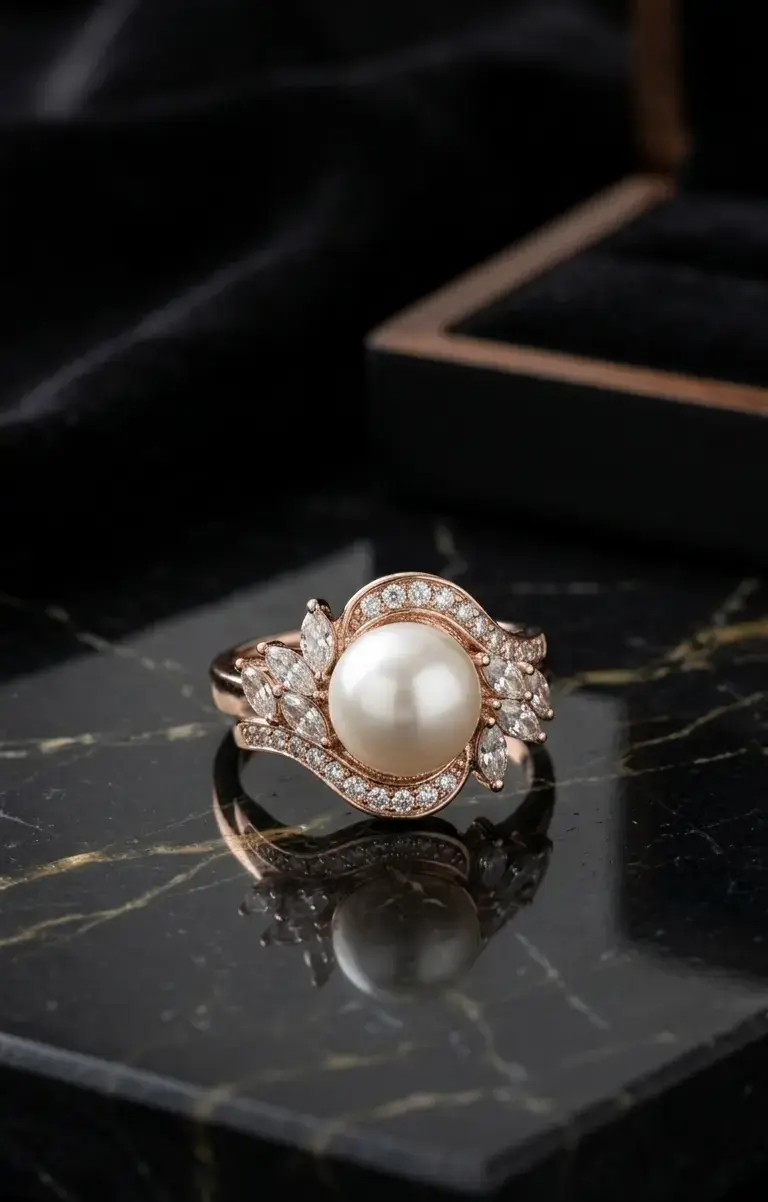 Anillo de Oro Rosa Corona de Perla y Marquesas - 1