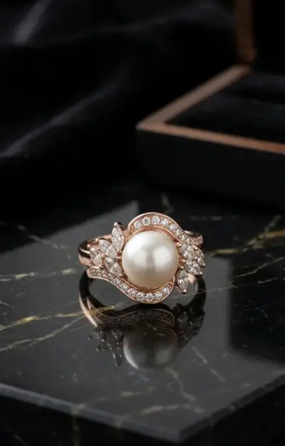 Anillo de Oro Rosa Corona de Perla y Marquesas - miniatura 1