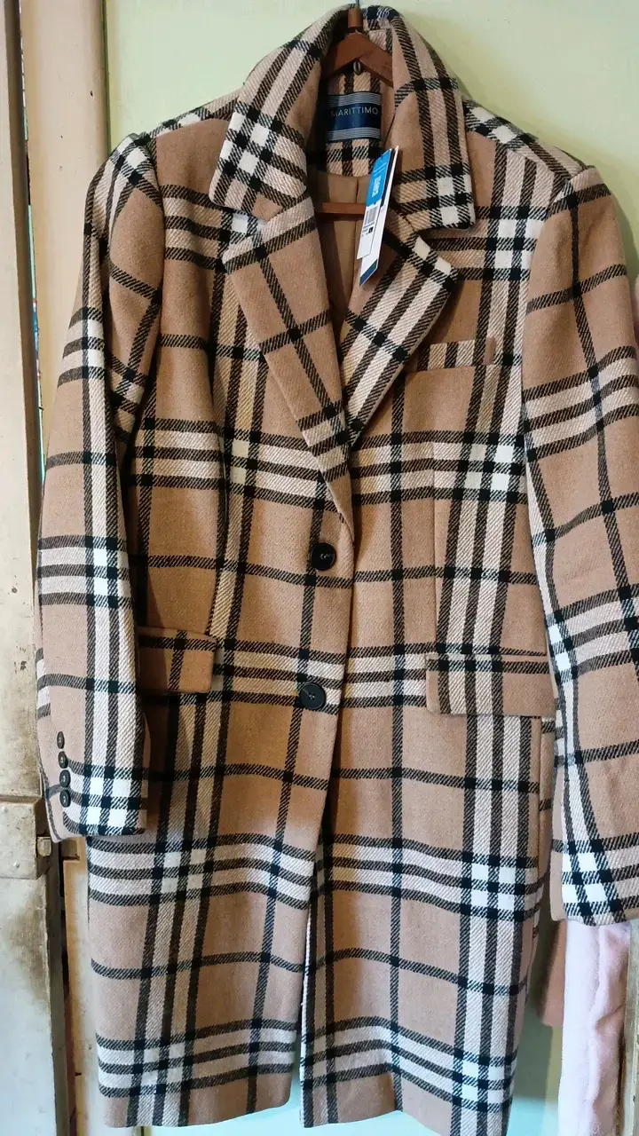 Abrigo de lana a cuadros beige para mujer - 6