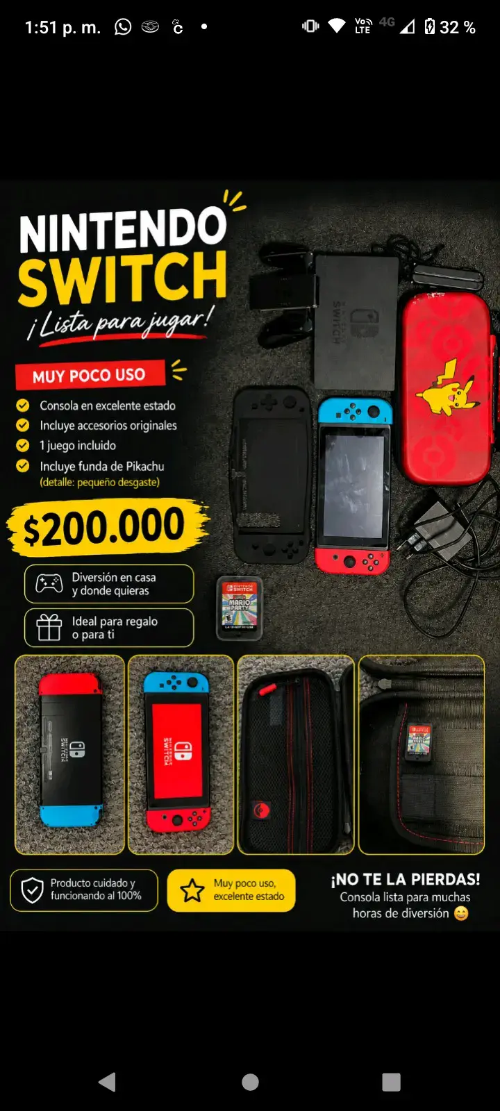 Nintendo Switch con accesorios y funda Pikachu - 1