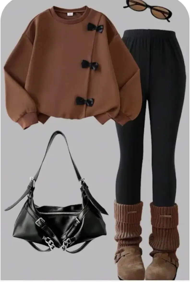 Conjunto de ropa casual para mujer con suéter marrón y leggings