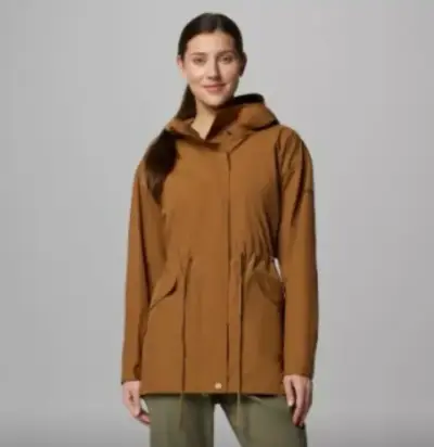 Chaqueta impermeable marrón para mujer con capucha - miniatura 1