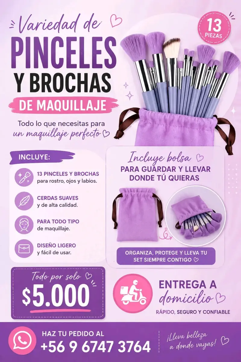 Set de 13 Pinceles y Brochas de Maquillaje con Bolsa