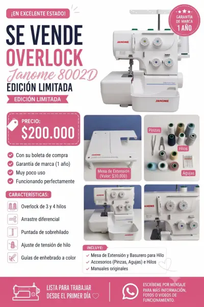 Máquina Overlock Janome 8002D Edición Limitada - miniatura 1