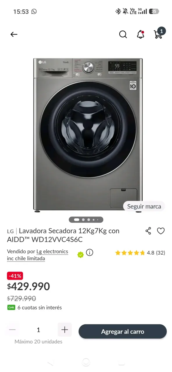 Lavadora Secadora LG 12Kg/7Kg AIDD WD12VVC4S6C - 1