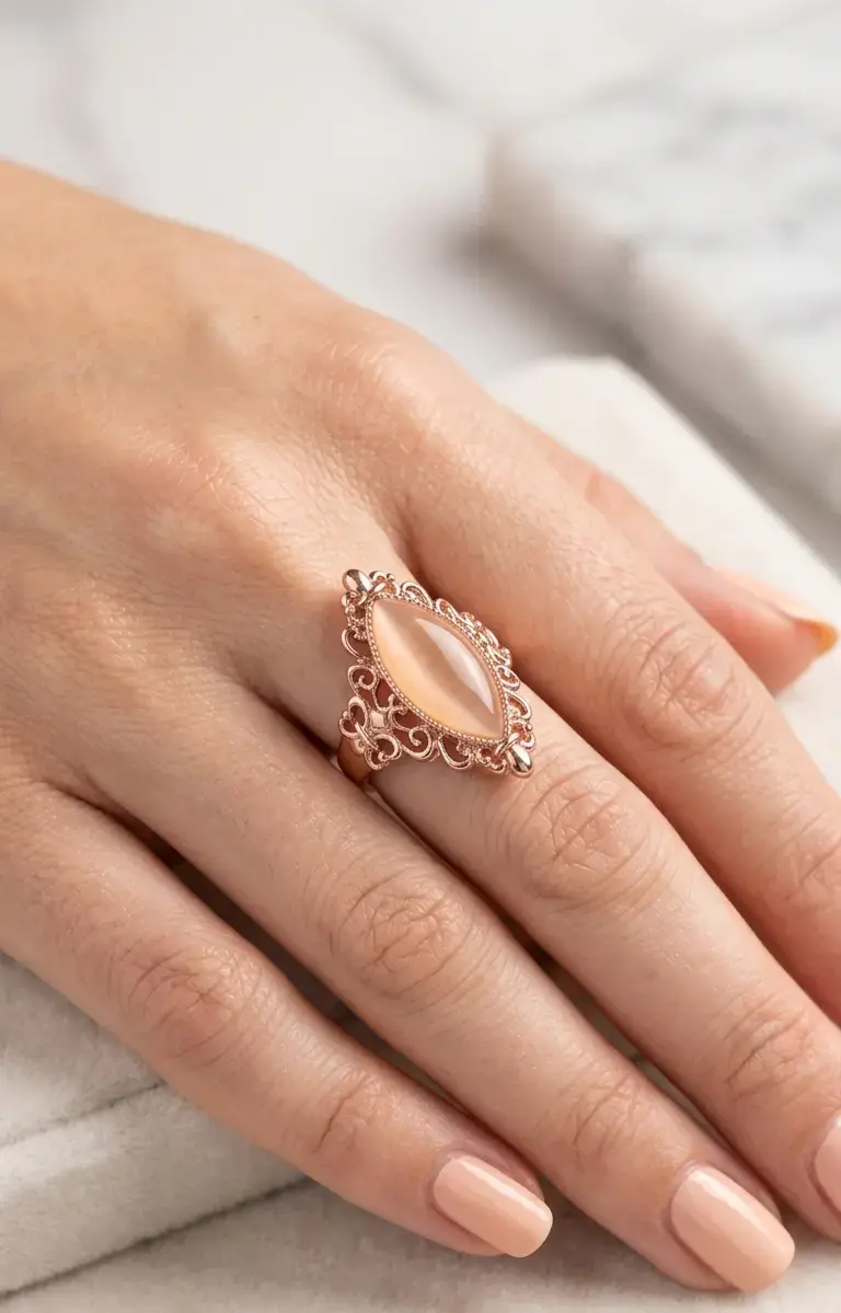 Anillo "Aura" de Ópalo Rosado y Encaje de Oro Rosa - 2
