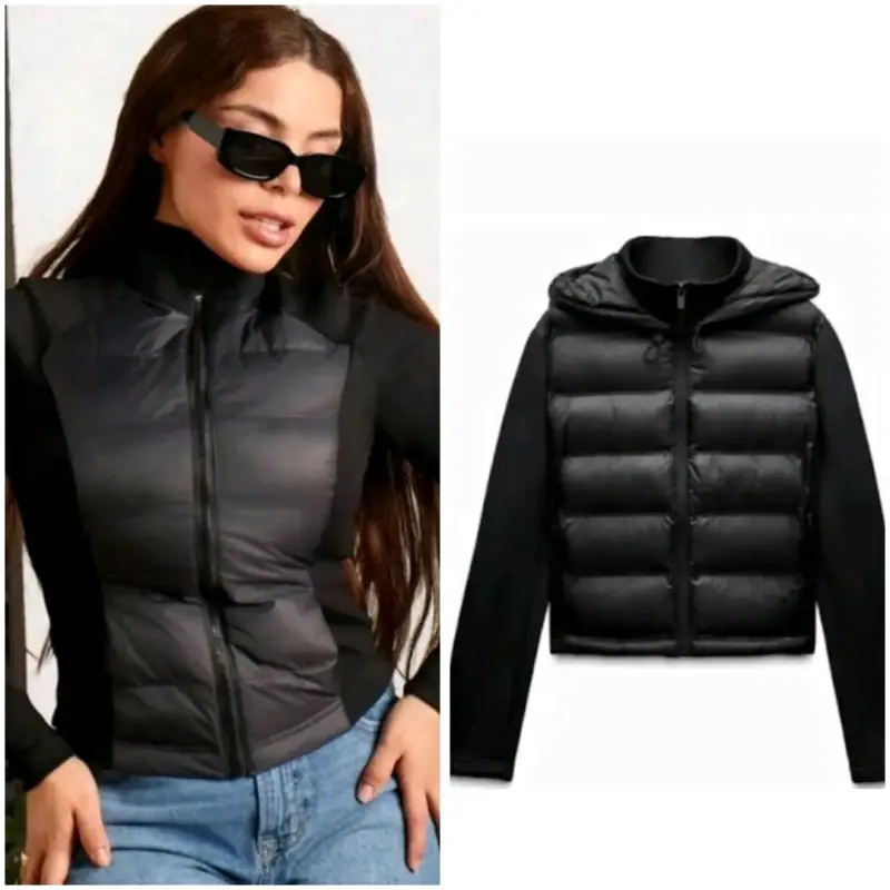 Chaqueta acolchada negra con capucha para mujer