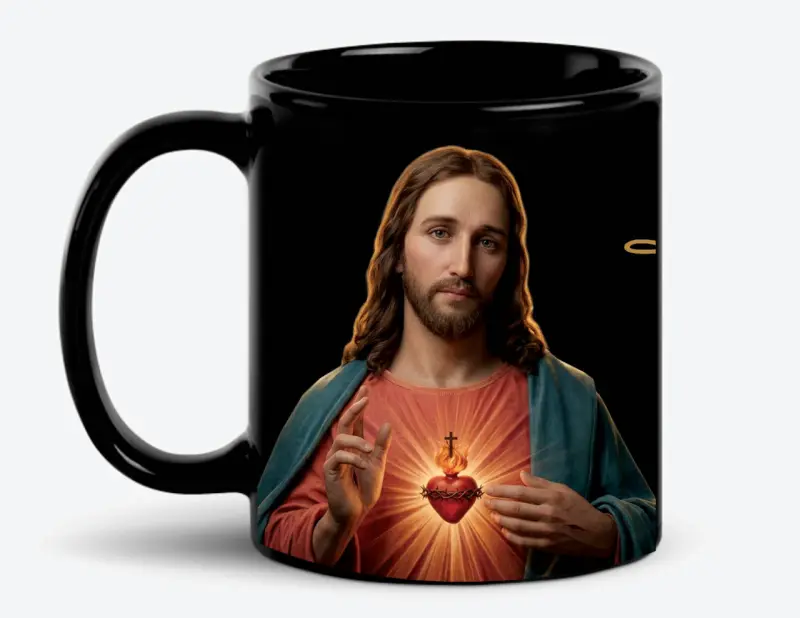 Taza de cerámica negra con imagen religiosa - 1