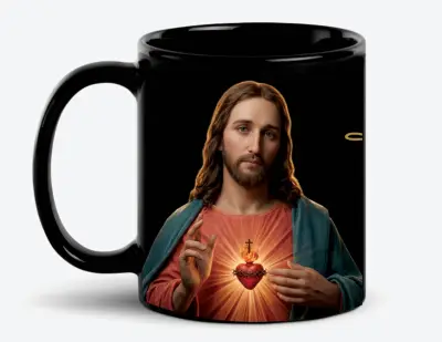 Taza de cerámica negra con imagen religiosa - miniatura 1