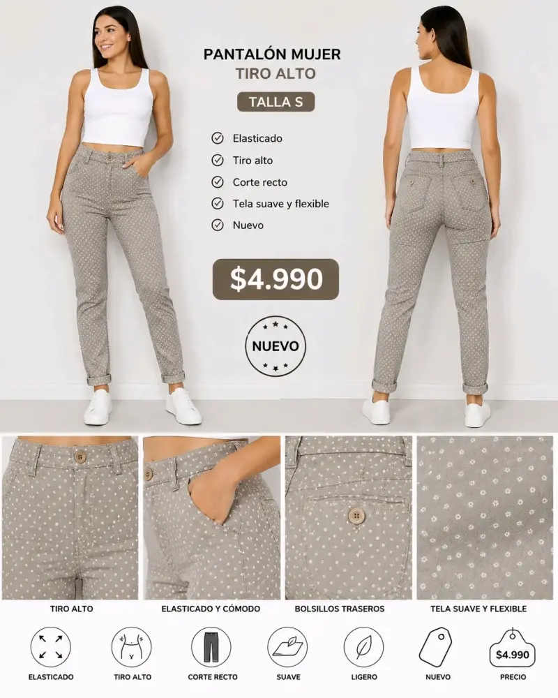Pantalón Mujer Tiro Alto Elástico Talla S