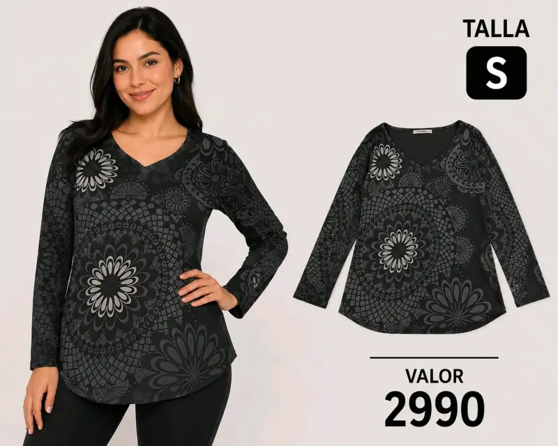 Polera manga larga estampada negra talla S