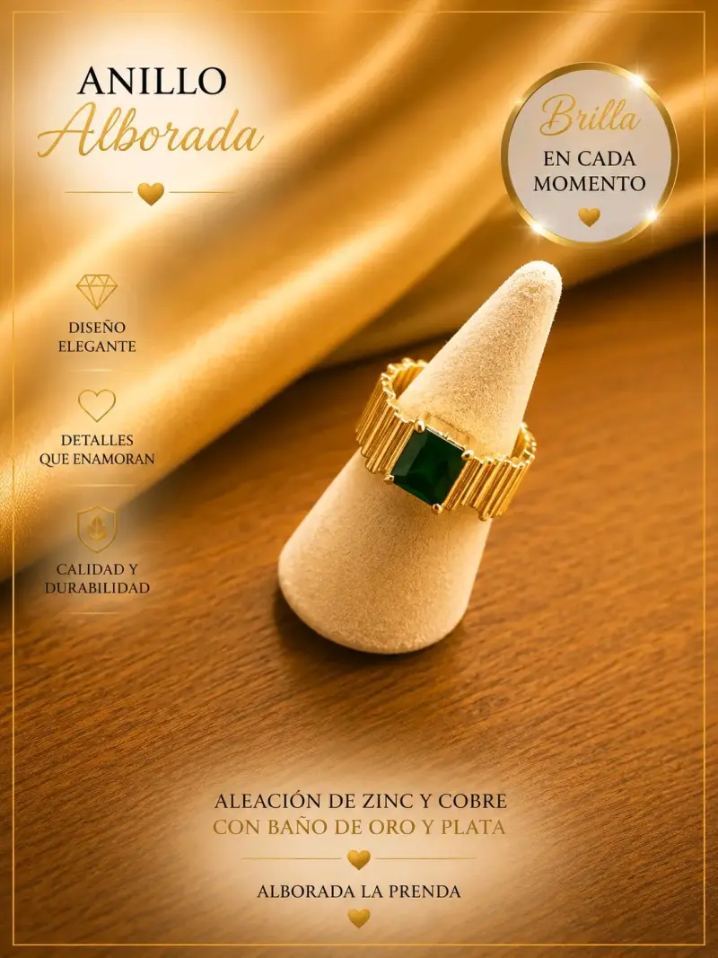 Anillo Alborada con baño de oro y esmeralda