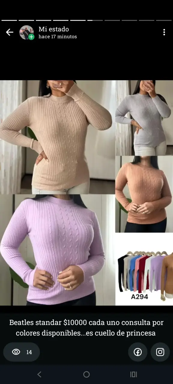 Suéter de punto cuello princesa en varios colores