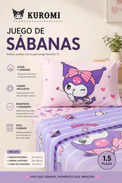 Juego de sábanas Kuromi 1.5 plaza suave y cómodo - miniatura 3