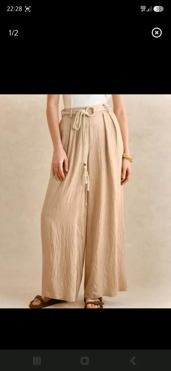 Pantalones palazzo beige con cinturón de cuerda - 1