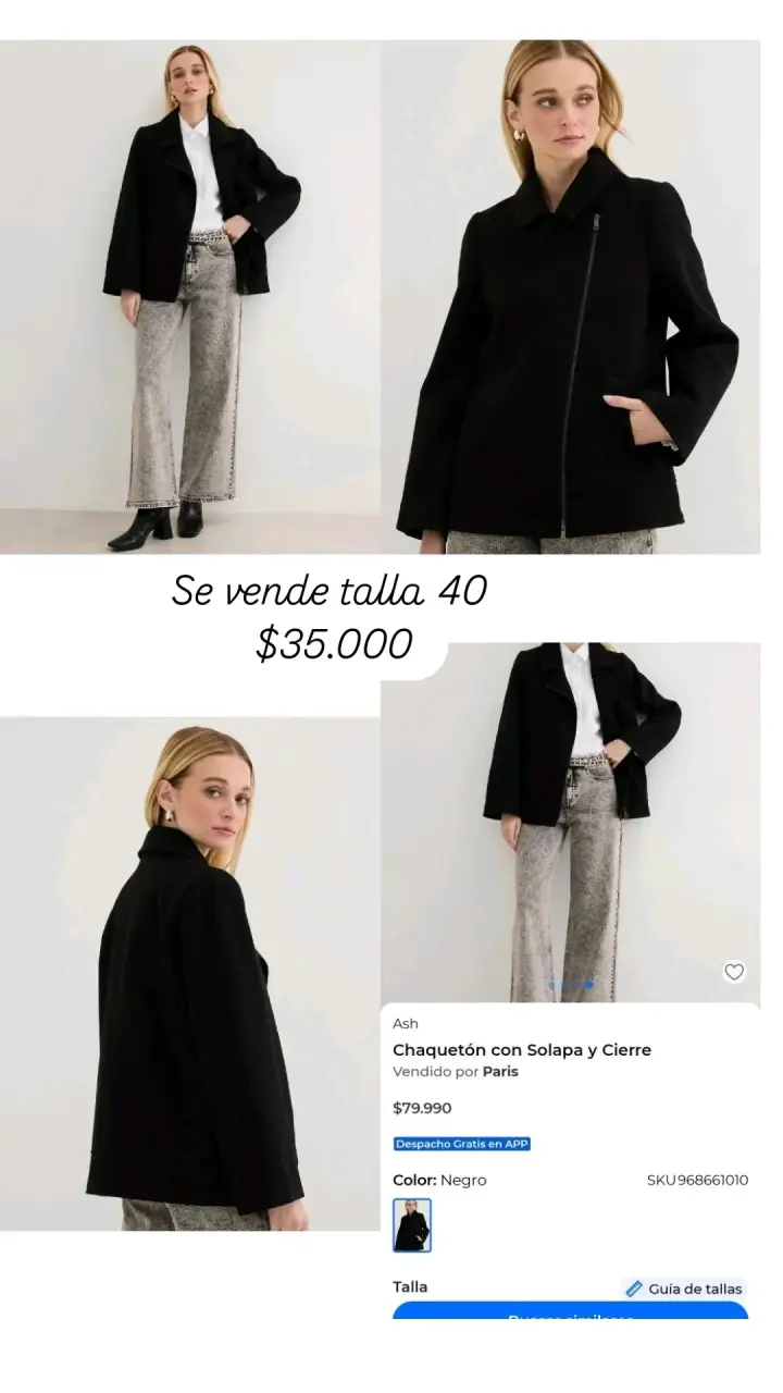 Chaquetón Ash negro con solapa y cierre talla 40