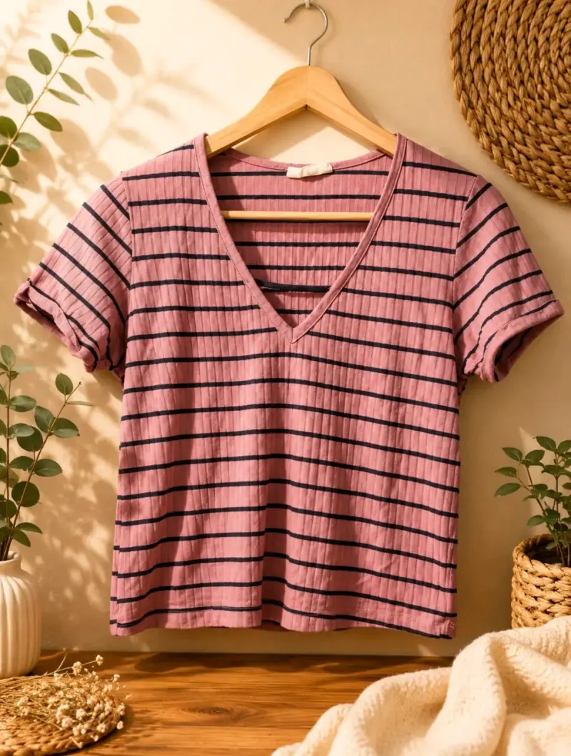Polera rayada rosa con cuello en V para mujer